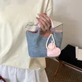 Chic denim mini handbag with pink heart pearl charm for trendy women's summer style - Pink With Pendant