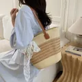 Bolso de playa de paja tejida a mano para mujer con cinta de encaje y correas - Rayas Trigo Beige (Con Pañuelo)