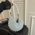 Light blue hand-woven seashell bag with white braided handle, summer beach style - Green
