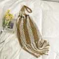 French hand-woven macrame shoulder bag in brown and white with decorative tassels - Khaki