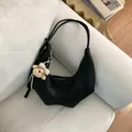 Casual retro black pleated hobo shoulder bag for women with a cute teddy bear charm - S / With Pendant / Black
