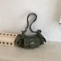 Olive green multi-pocket utility shoulder bag with adjustable strap and silver buckle - No Pendant / Green