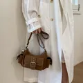 Vintage brown women's underarm shoulder bag with multi-pockets and contrast stitching - With Pendant / Brown