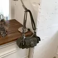 Vintage olive green underarm shoulder bag with multiple pockets and silver buckles - With Pendant / Green