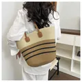 Large handmade woven straw tote bag for beach vacation in beige and brown stripes - Style 2
