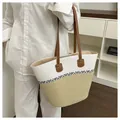 Handmade bi-color straw woven tote bag with brown straps for summer beach vacation - Style 5