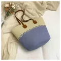 Elegant blue and beige two-tone handmade straw woven tote bag for beach travel - Style 7