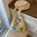 Beige crochet knit tote bag with colorful 3D flower appliques and yellow striped strap - Yellow