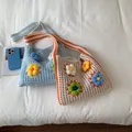 Handmade floral crochet tote bag in blue and white, lazy style knitted shoulder bag for summer - Orange