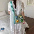 Floral crochet knit tote bag for women, stylish summer vacation shoulder bag in beige - Green
