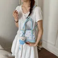 Elegant women's light blue patterned bucket bag with cute white bear charm and strap - With Pendant / Blue