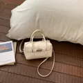 Cream white litchi grain bowling handbag with stylish buckle and crossbody strap - Basic Style / White