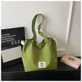 Casual green checkered canvas tote bag with drawstring and large capacity for women - No Pendant / Green