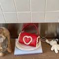Mini red cylindrical handbag with heart lace detailing for women - S / Red