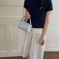 Chic mini light blue cylindrical handbag featuring a heart-shaped lace applique - L / Blue