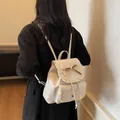 Elegant beige leather backpack for women featuring lace trim and bow knot detail - Beige