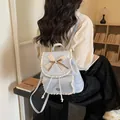 Elegant light blue women faux leather backpack with lace trim and bow knot decoration - Blue