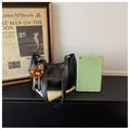 Stylish large-capacity black leather tote bag featuring a cute fuzzy monster charm keychain - S / Black