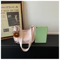 Elegant soft pink faux leather shoulder hobo bag for women with cute mascot charm - S / Pink