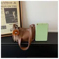 Vintage style brown hobo shoulder bag with a cute fuzzy doll charm and wide strap - S / Brown