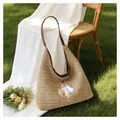 Bohemian hand-woven straw shoulder bag with embroidered girl patch for summer beach holiday - Style 2 (Cartoon Girl Embroidery) / Brown
