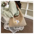 Handmade woven straw tote bag with embroidered girl design for summer beach vacation - Style 2 (Cartoon Girl Embroidery) / Coffee