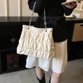 Large pleated cream tote bag with silver chain strap for women's casual office wear - White