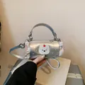 Cute silver metallic mini barrel handbag with pink polka dots and bear patch details - S / Silver