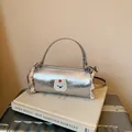 Mini silver barrel handbag with pink polka dots and cute bear patch for women - L / Silver