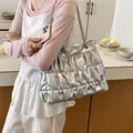 Large capacity silver pleated tote bag with a metallic finish and stylish chain straps - Silver