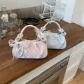 Elegant pink and light blue polka dot dumpling handbags with lace bow and pearl charms - Pink