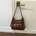 Vintage brown faux leather multifunctional shoulder bag with front pocket design - Brown