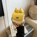 Trendy yellow mini bow crossbody bag featuring a woven texture and a bold silver chain. - Yellow Small