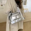 Fashionable metallic silver large capacity multifunctional shoulder bag for women - With Charm / Silver