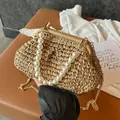 Handheld woven straw shell bag with pearl handle and gold chain strap for beach vacation - Style 1 (Pearl Handle) / Khaki