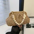 French vintage woven straw clutch shell bag with chunky bead handle and gold chain - Style 2 (Marble Bead Handle) / Khaki