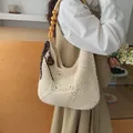 Handmade hollow-out crochet beach bag with wooden bead strap and large capacity - Style 1 with Charm / White