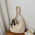 Elegant beige hollow crochet beach tote bag with black charm for summer vacation trip - Style 2 with Charm / White