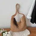 Elegant tan crochet straw shoulder bag with woven texture for summer beach vacation - Style 2 with Charm / Khaki