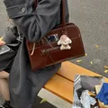 Vintage dark brown leather commuter tote bag with a cute white dog plush charm accessory - With Pendant / Burgundy