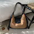 Mochila retro de gamuza marrón y cuero negro de gran capacidad para mujer y estudiante - Estilo básico / Negro y Caqui