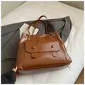 Stylish vintage brown faux leather large capacity tote bag with buckle pocket detail - No Pendant / Tan