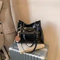 Vintage black glossy large capacity tote bag with silver chain strap and heart charm - With Pendant / Black