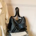Grande borsa tote retrò grigio scuro per donna con grande capacità e multifunzionale - modello base / Nero