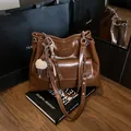 Retro brown shiny leather tote bag with elegant chain straps and cute charm pendant - With Pendant / Dark Brown