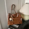 Vintage style brown glossy large capacity tote bag with decorative ice cream charm - With Pendant / Tan