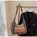 Large capacity grey canvas and brown leather hobo shoulder bag for stylish women - Black