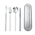 Portable 4-piece stainless steel cutlery set with metal storage box for travel - Knife + Spoon + Fork + Chopsticks + Case