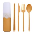 Portable wheat straw cutlery set including fork, spoon, knife, and chopsticks in case - 5 Pieces Pack / Yellow