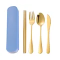Portable gold stainless steel cutlery set with a light blue storage case for students - Chopsticks and Spoon / Sliding Box (Blue)